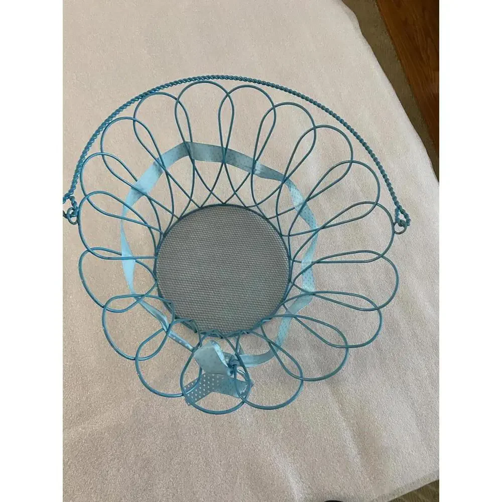 Blue Wire Basket with Decorative Ribbon